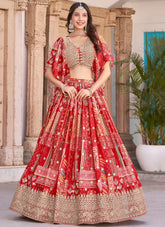 Charming Red Chinnon Silk Embroidered Lehenga Choli for Engagement with Chiffon Dupatta
